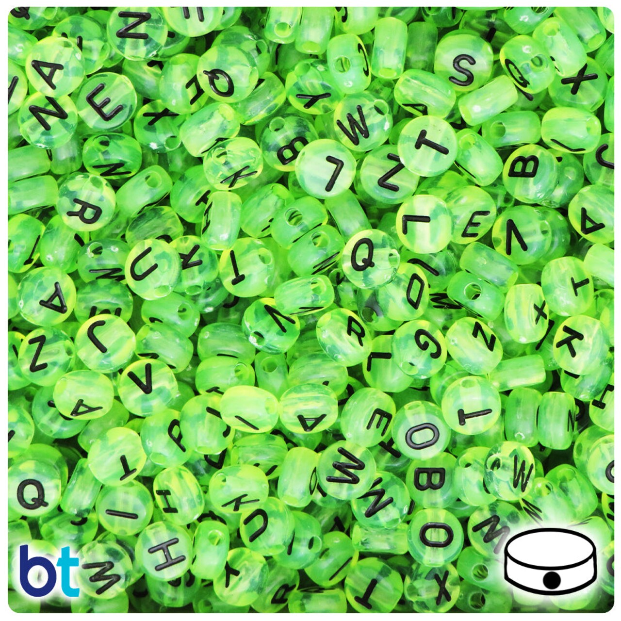 BeadTin Light Green Transparent 7mm Coin Plastic Alpha Beads - Black Letter Mix (250pcs)